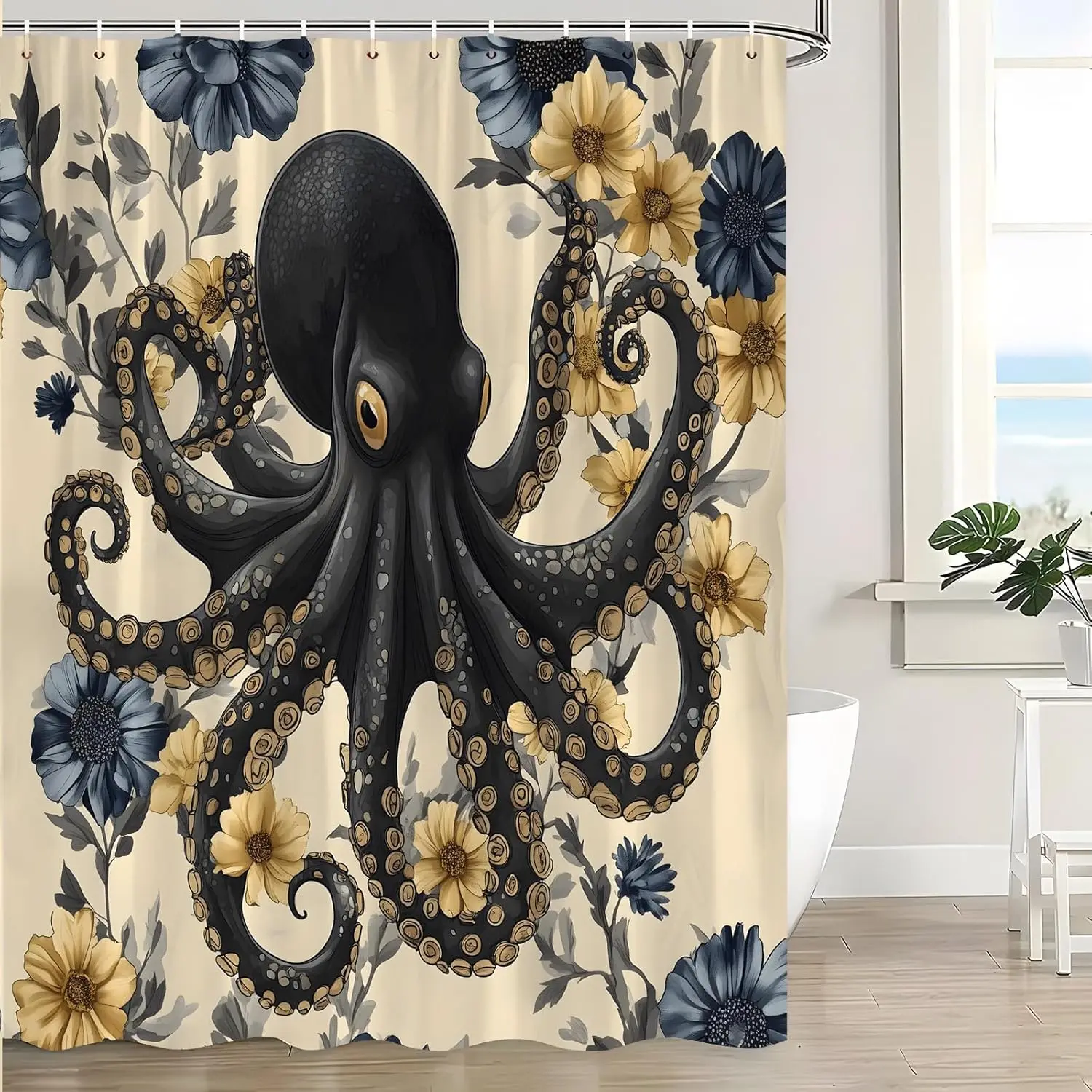 Octopus Shower Curtain Vintage Sea Kraken Tentacles Floral Ocean Animal Nautical Coastal Funny Wildlife Unique Yellow Bathroom