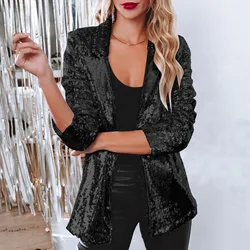 Kadın parlak Sequins Blazer Casual uzun kollu pırıltılı Glitter parti parlak yaka ceket ceket Rave giyim Blazer Mujer düşmek