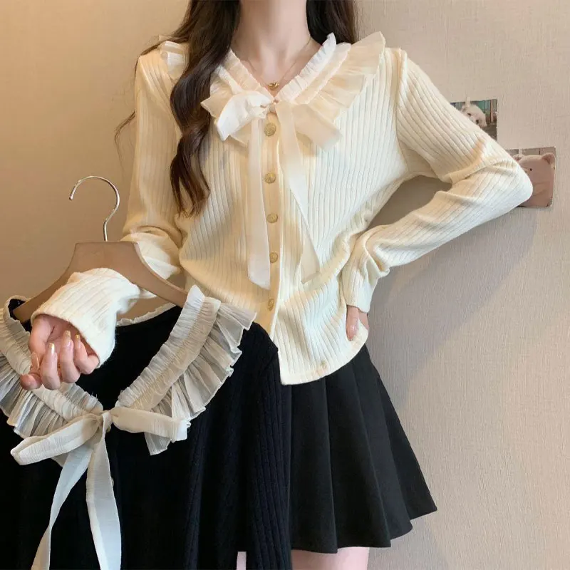 

Fashion Bow Ruffled Neck Sweaters Female Clothing Solid Color Slim Spring Autumn New Casual Spliced Knitted Long Sleeve Cardigan