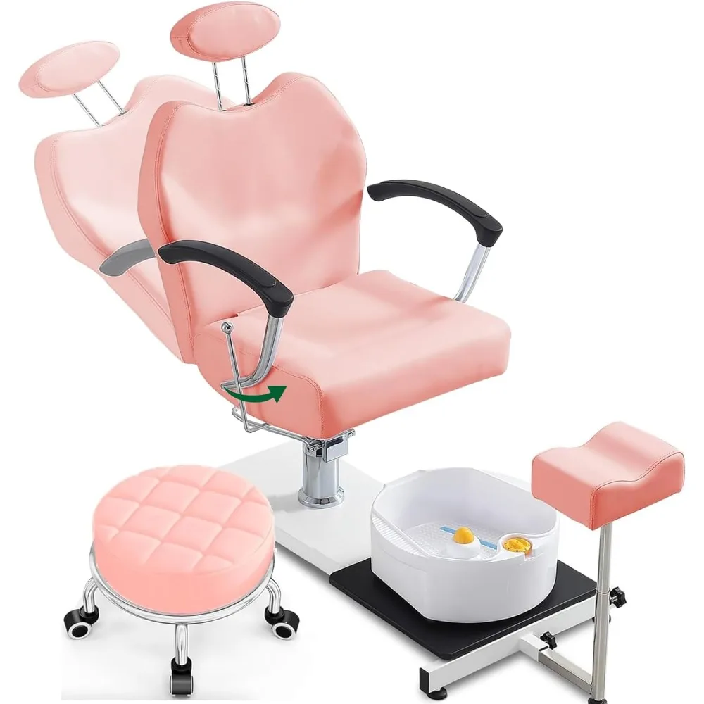 Reclining Pedicure Station with Stool, Hydraulic Height Adjustable 360 Swivel Pedicure Station w/Stool, Footrest, Foot Basin