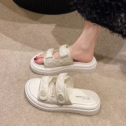 Slippers Women Summer Slides Female Shoes Fashion Low 2023 Luxury Rubber Hoof Heels PU Basic Rome Fabric Shoes Slippers Casual L