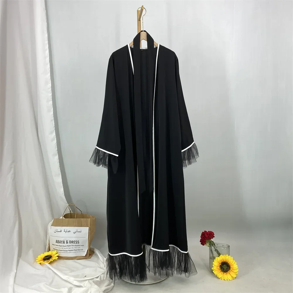 라마단 이드 블랙 아바야 여성용 이슬람 드레스 프릴 기모노 카디건 두바이 럭셔리 Kaftan Kebaya Caftan Marocain Femme Robe 가운