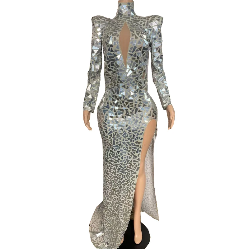 

Rhinestone Sexy Sparkly Mirror Long Train Evening Dress Singer Performance Costume