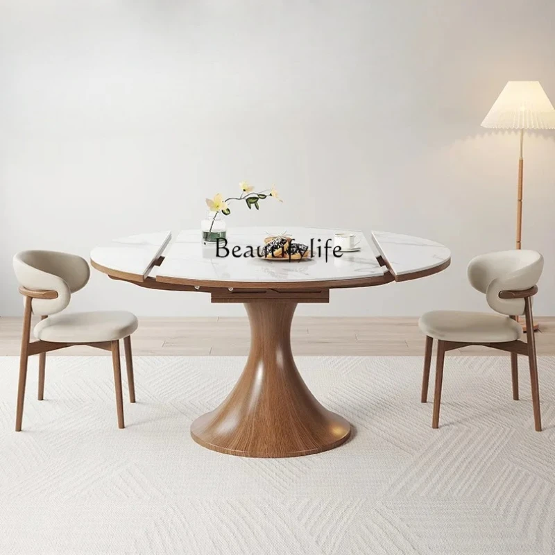 

2 yj15 New Chinese Style Rock Slab Solid Wood Dining Table, Extendable and Foldable, Dual-use for Square and Round