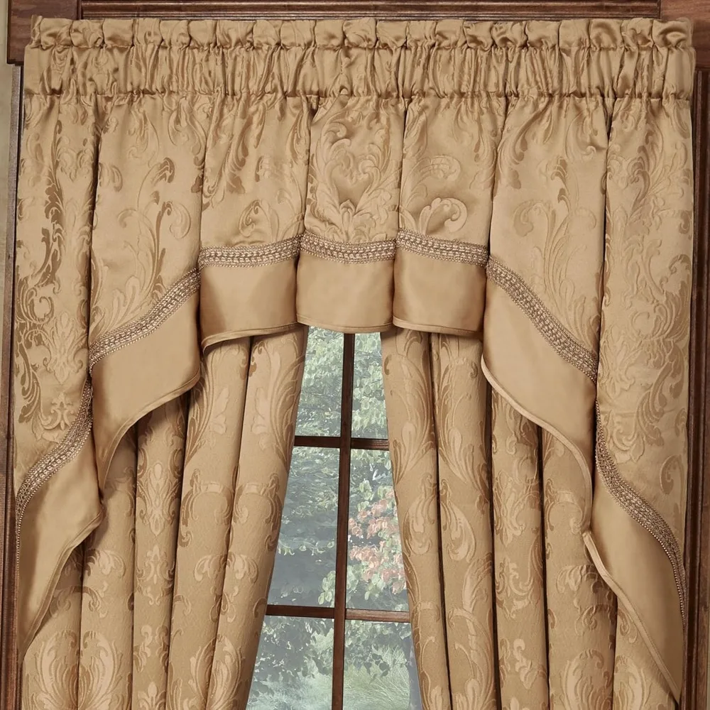 Luxurious Metallic Gold Jacquard Damask Window Treatments with Puff Woven Acanthus Leaf Design and Monochromatic Royal Hues
