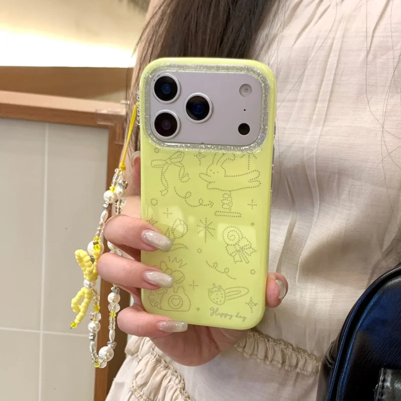 

Fashion Cute Tulip Flower Rabbit Painting Phone Case For iPhone 17 Pro 16 15 14 Pro Max Protective Cover with Chain Cartoon Cove