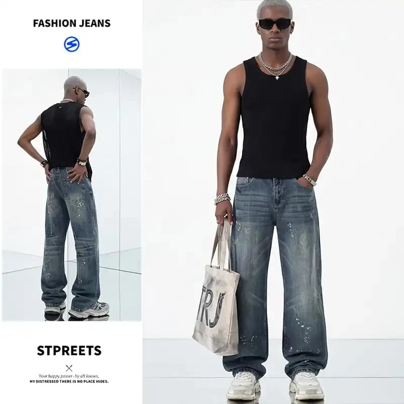 

Новые модные джинсы 2026 для мужчин, свободные прямые джинсовые брюки, винтажный дизайн в стиле рваной уличной моды, универсальные повседневные.