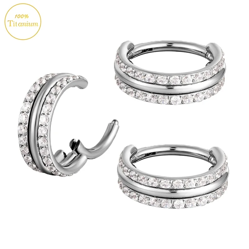 

G23 Titanium Piercing Nose Ring Two Rows Of Zircon High Section Clickers Tragus Cartilage Earring Fashion Body Piercing Jewelry