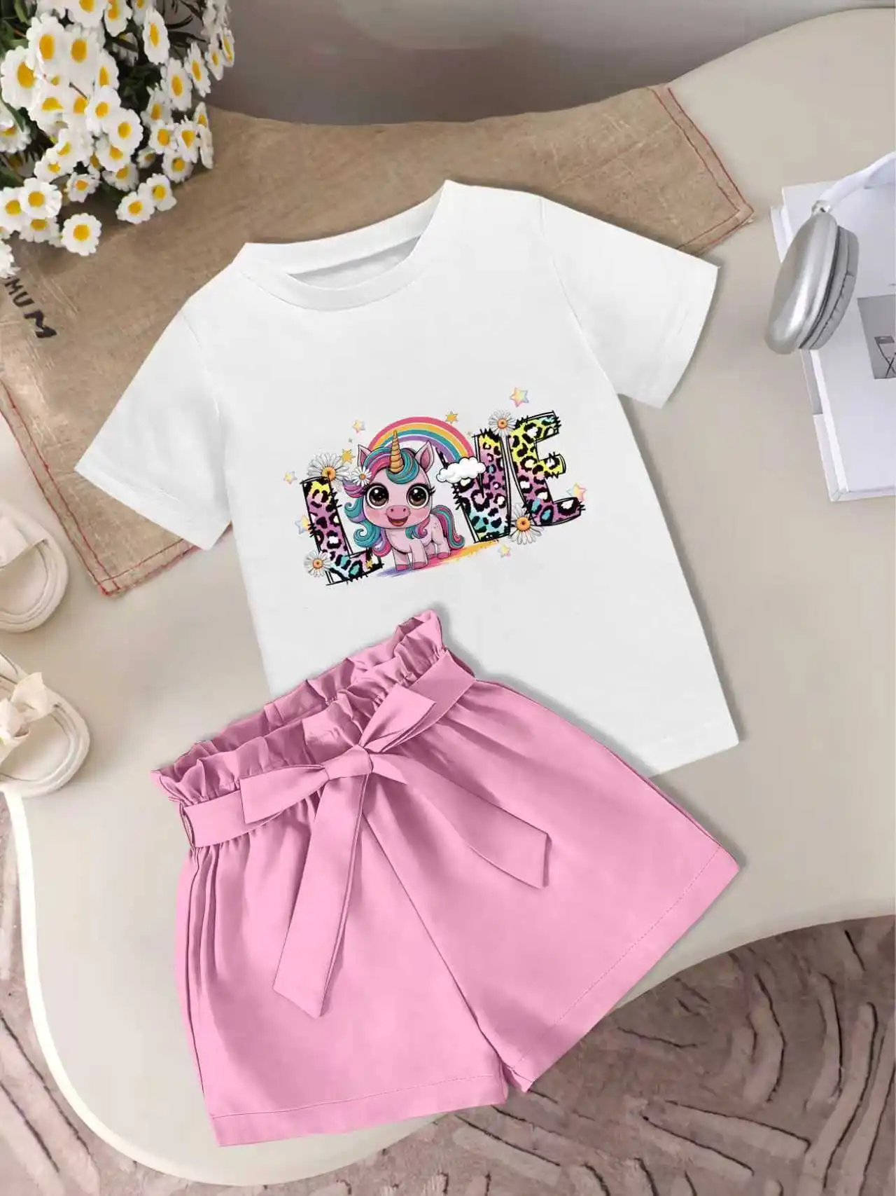 2 pieces: Valentine's Day Summer Girls' Cute & Casual Round-Neck Short-Sleeve Woven Bow Shorts Set with Cartoon Unicorn Prints