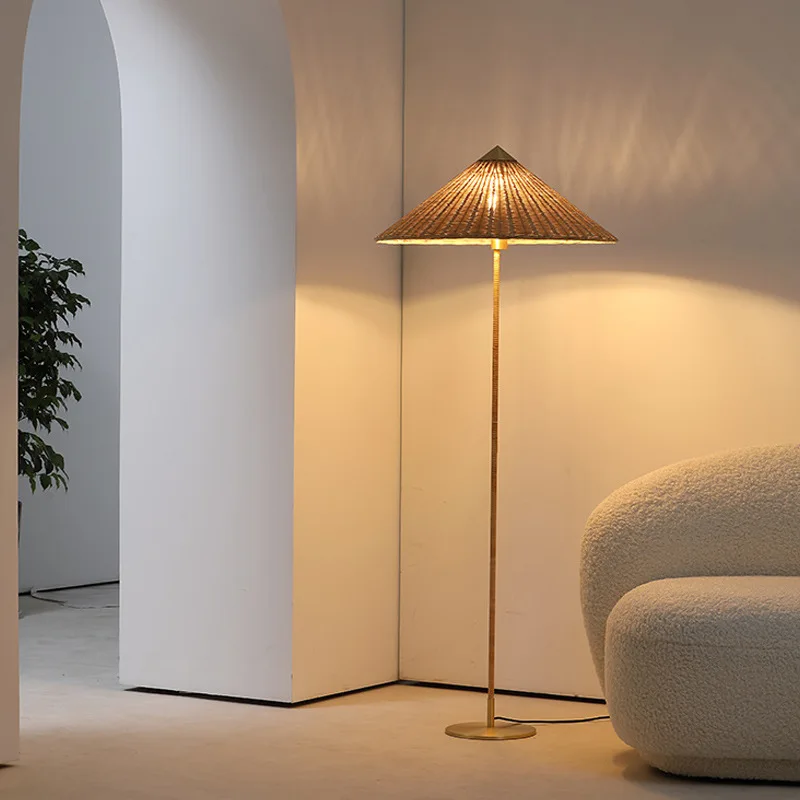 Wababi wabi vento silencioso retro lâmpada de assoalho quarto sala estar sofá novo chinês zen rattan tecelagem bambu