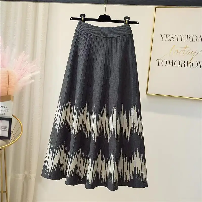 가을 겨울 니트 스트라이프 플리츠 스커트 여성 캐주얼 밴딩 기하학 프린트 두꺼운 따뜻한 미디 롱 스커트