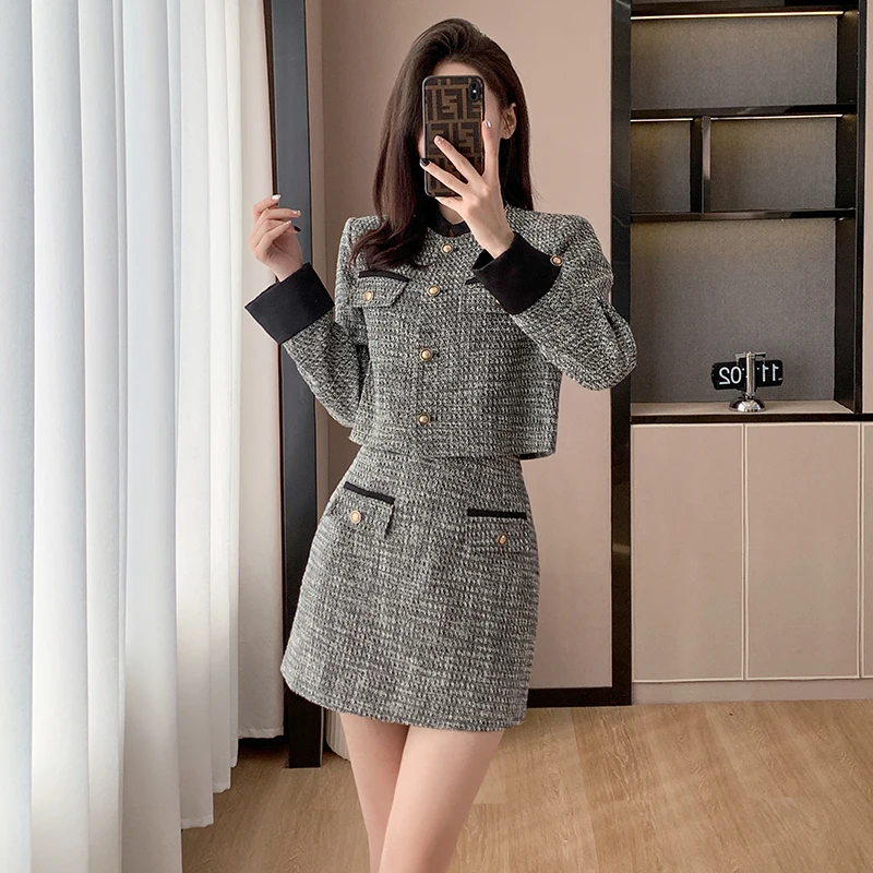 High Quality Sweet Design Small Fragrance 2 Piece Sets Women Outfit Elegant Fashion Short Jacket Coat + Bodycon Mini Skirt Suits