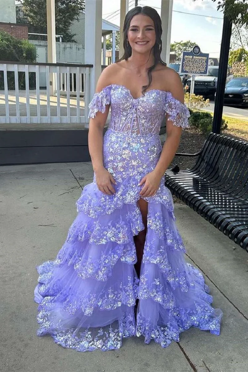 Sparkly Off the Shoulder Sequin Lace Ruffle Prom Dresses with Slit Tiered for Teens Short Prom Dresses Lace Applique Party Gowns