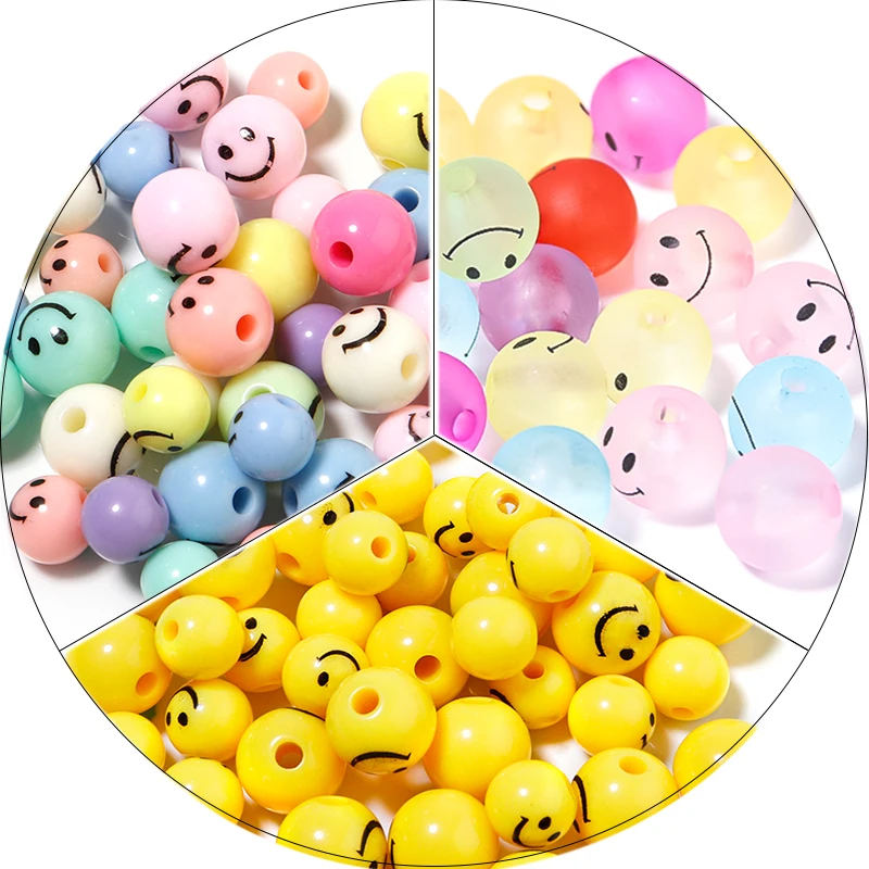 

50Pcs Round Acrylic Beads 8/10mm Smile Loose Spacer Bead For Diy Jewelry Making Bracelets Necklace Accessories Charm Ornament