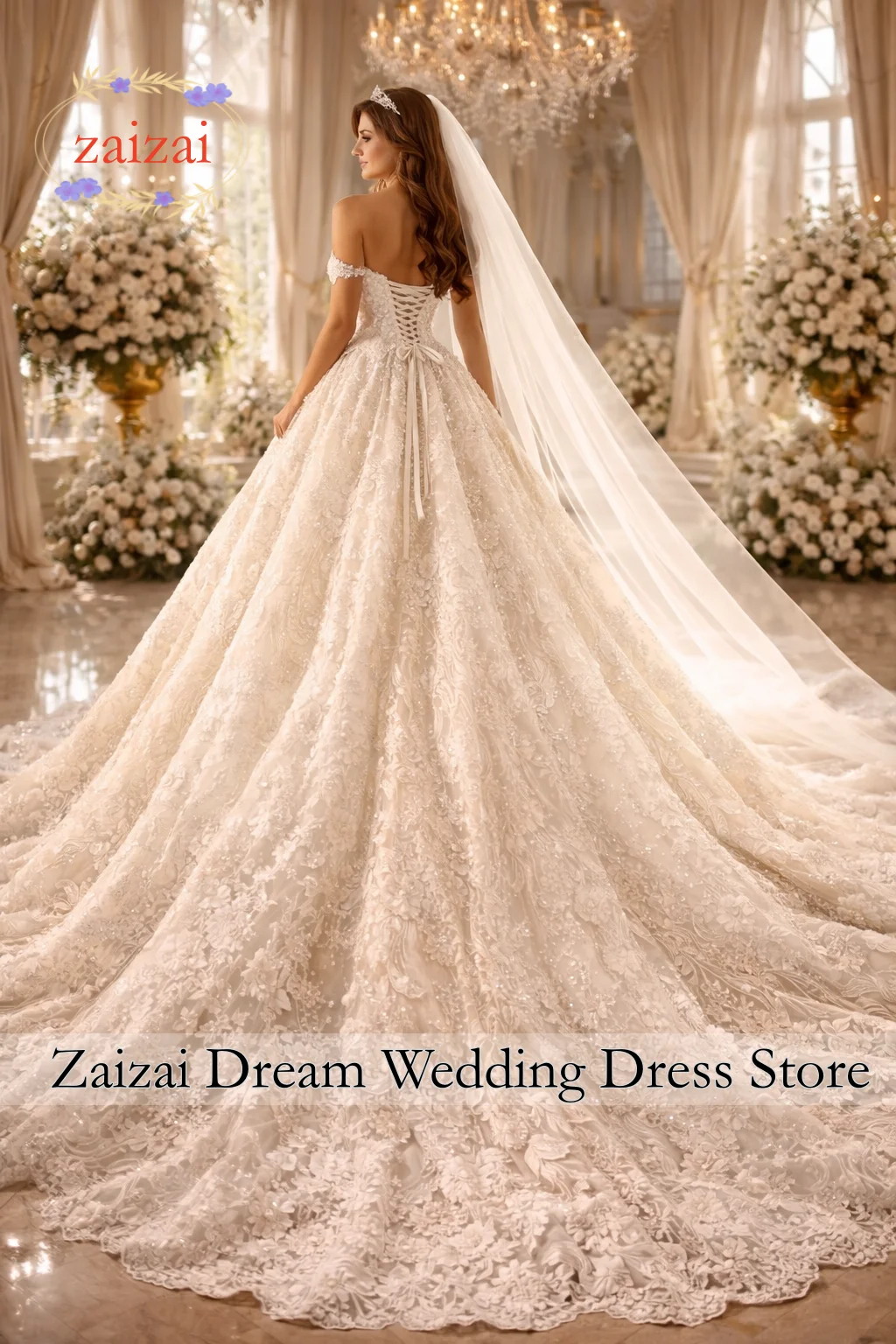 Customized  Off Shoulder Wedding Dresses Plus Size Ball Gown 3D Handmade Flowers Lace Appliques Bridal Dress Vestidos De Novia