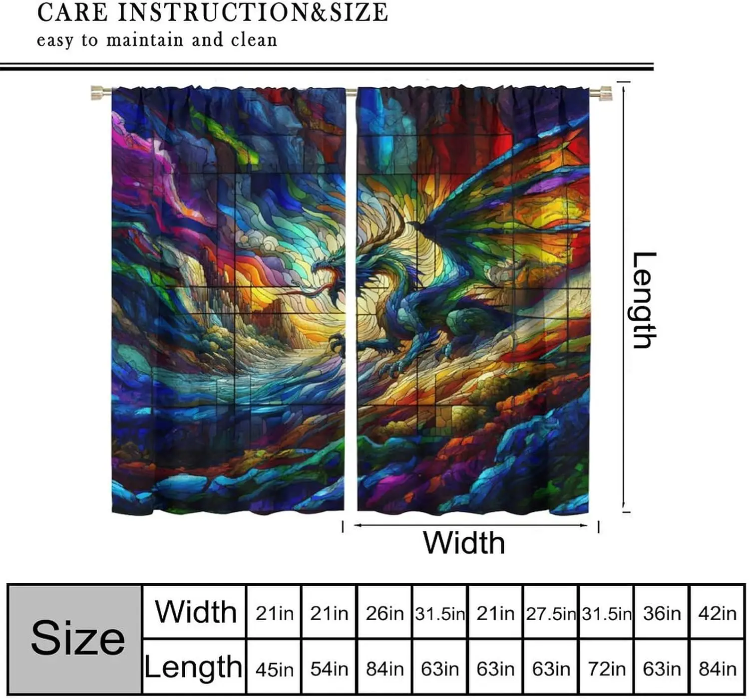 Dream Stained Glass Curtains, Fantasy Dragon Rainbow Colorful Clouds Art Printed Window Drapes for Kids Boys Girls Bedroom