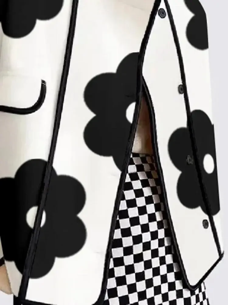 Women Spring Autumn Jackets Fashion Black Flower Print High-Neck Long Sleeves Buttoned Casual Outerwear Coats  New