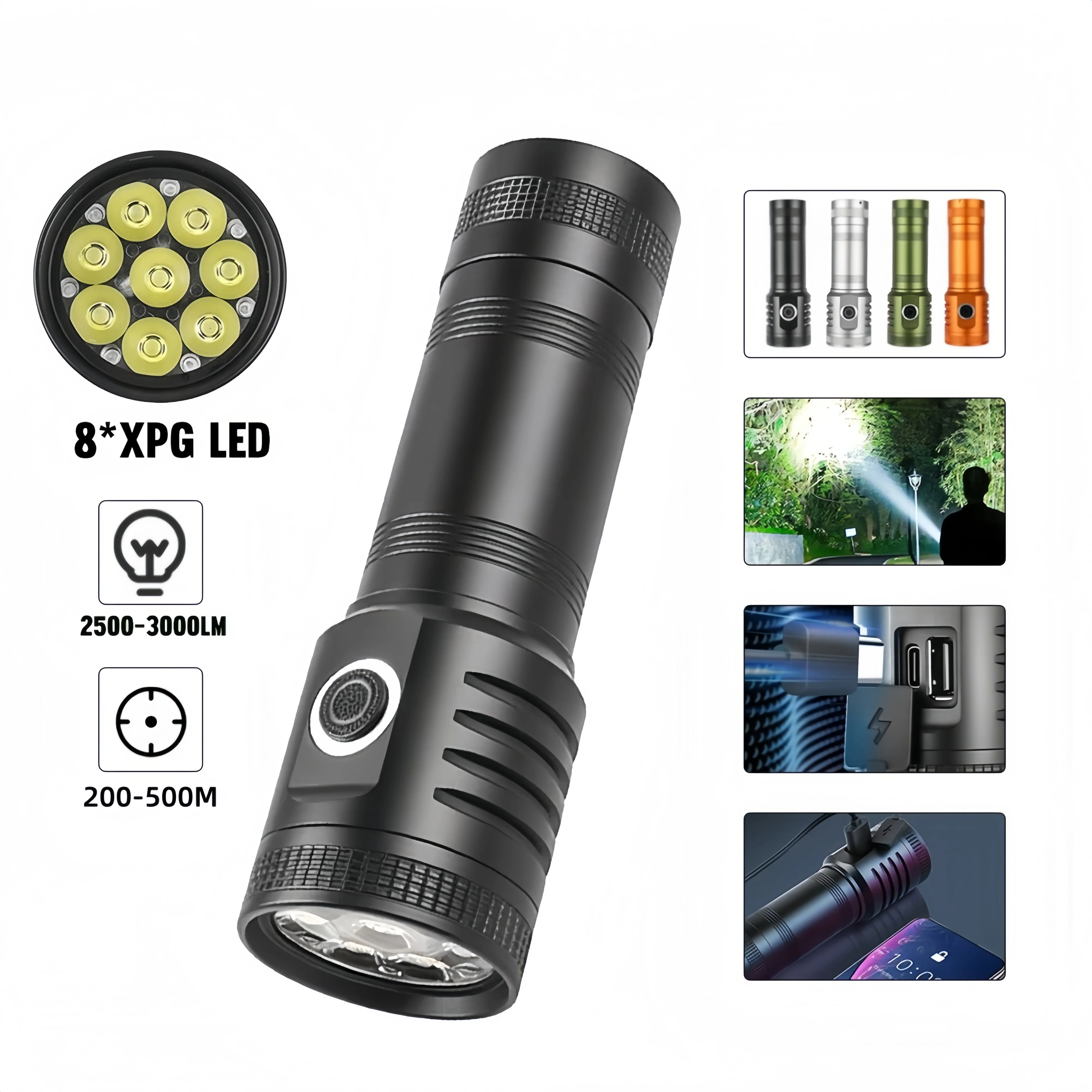 

3000LM 9LED High Power Super Bright Flashlight USB Rechargeable Powerful Outdoor Hunting Camping Hiking Fishing Torch light