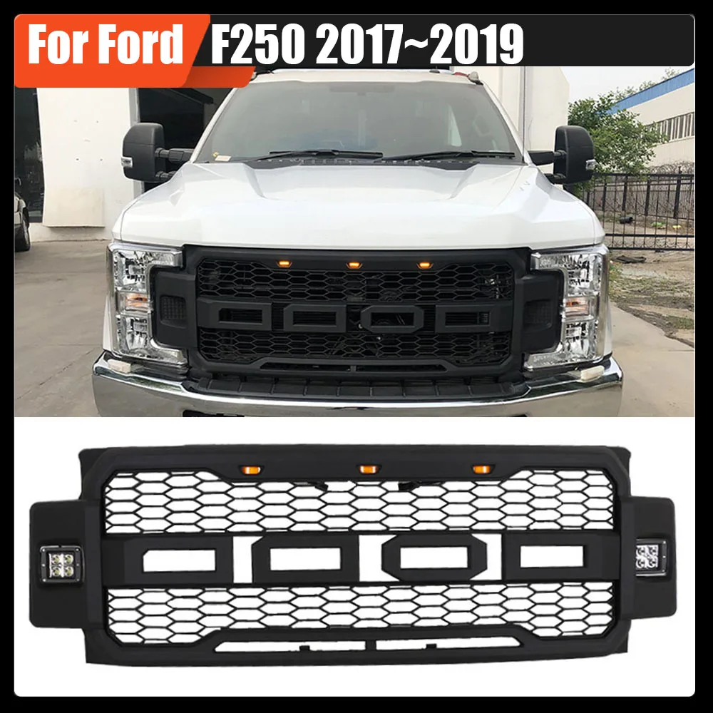 

For Ford F250 2017~2019 Car Accessories LED Modified Front Racing Grills ABS Hood Grill Mesh Raptor Grille Mask Trims Cover