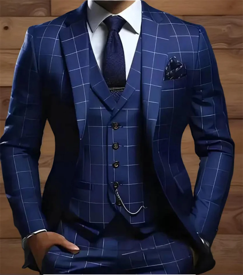 

Клетчатые мужские костюмы для деловой вечеринки, мужские модные смокинги для жениха в клетку, деловой костюм, пиджаки, комплект из 3 предметов, приталенный пиджак, жилет, брюки