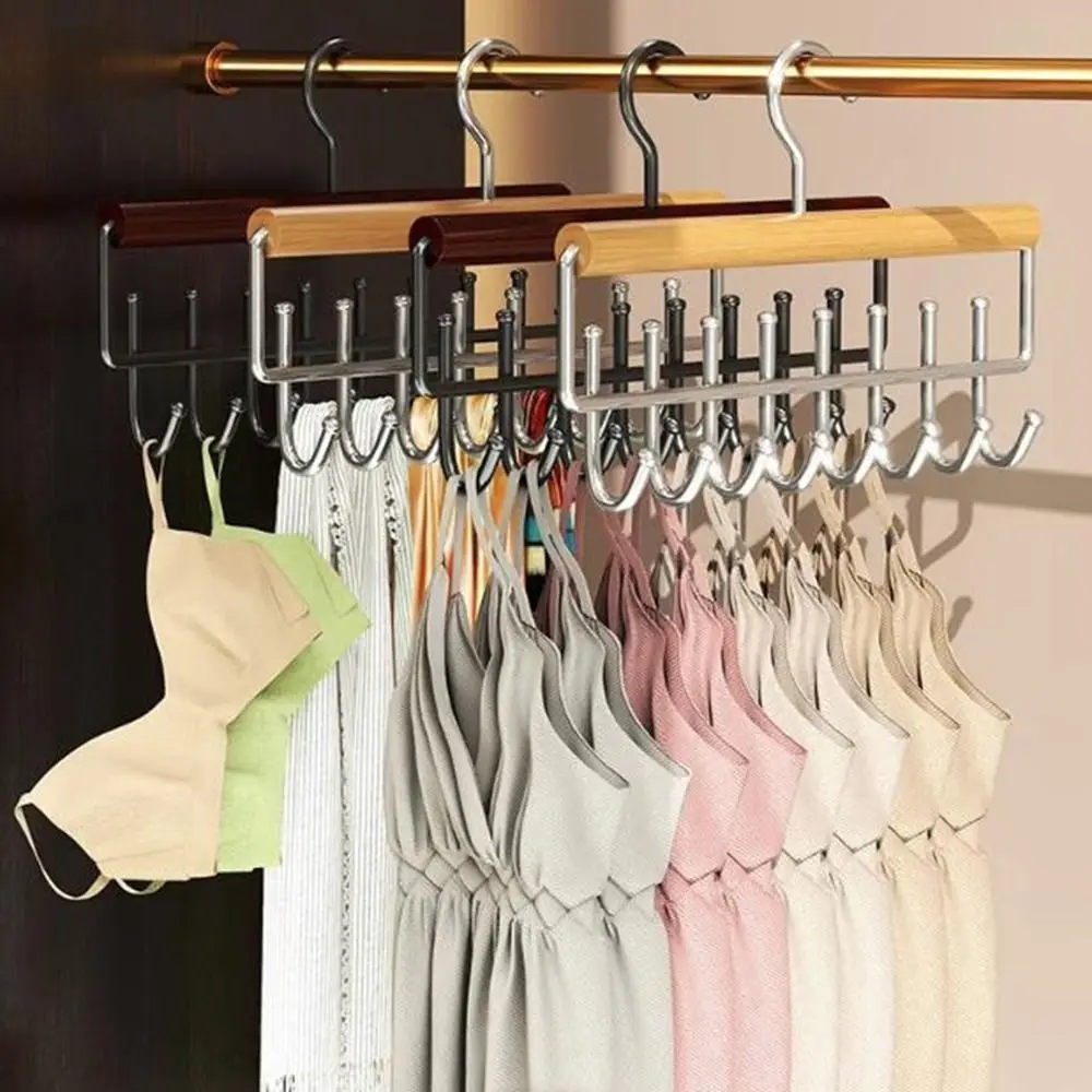 

2 Pieces 16 Hook Wooden Clothes Drying Rack Rotatable Anti-slip Women Storage Bra Hangers Large Capacity Space Saving