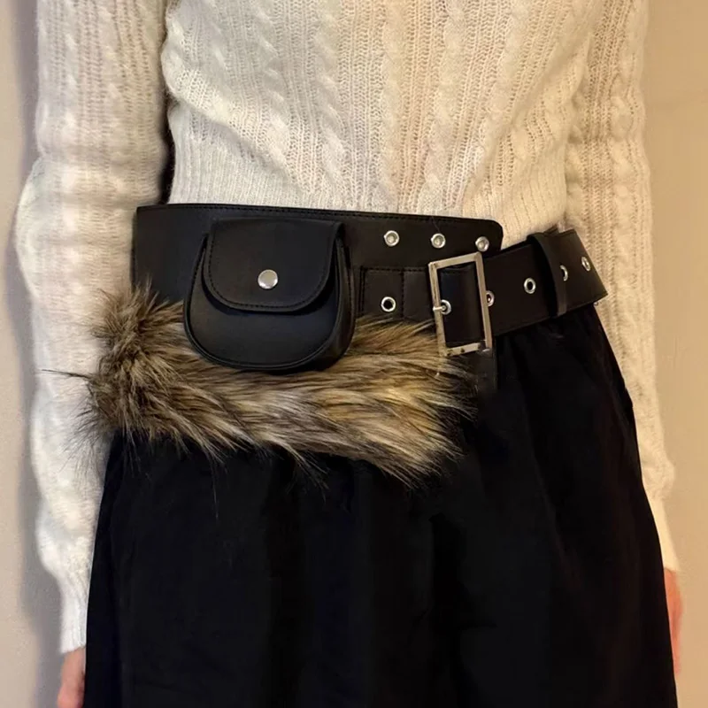 2025 new Waist Bag Fashion Design Women Belt Lipstick Bag Street hip-hop Belt Faux Fur Splicing Belt Y2K for Club Party Mini Bag - view 2