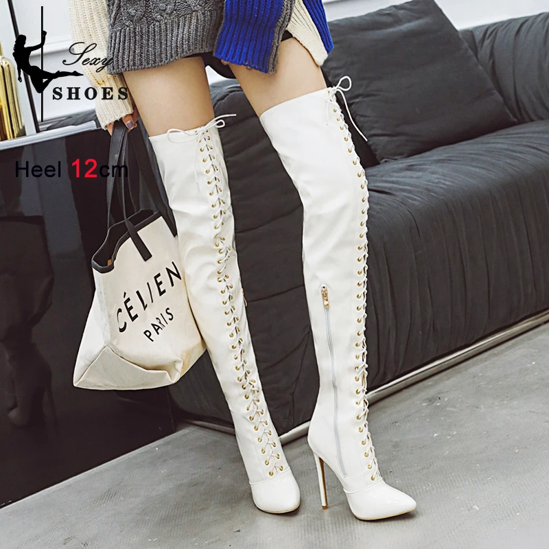 Autumn Winter Over The Knee Women Boot Nightclub Stripper Heels Side Zipper 12CM Pointed Toe Ladies Shoes White Thigh High Boots