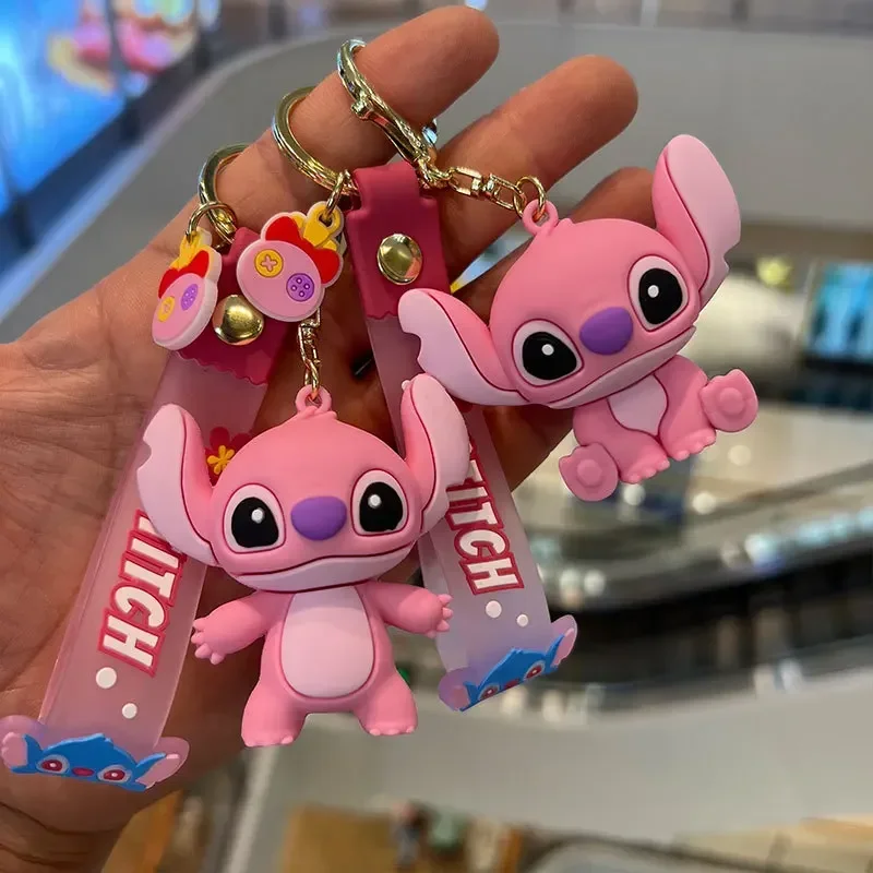 Gantungan Kunci silikon kartun Disney Lilo & Stitch, gantungan kunci untuk pria dan wanita, hadiah cincin kunci malaikat Stitch ungu biru merah muda cantik