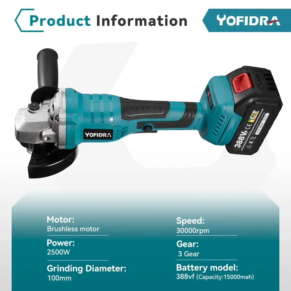 Yofidra 2500W 100mm Brushless Angle Grinder 3 Gears Cordless Cutting Polishing Woodworking Power Tool For Makita 18V Battery