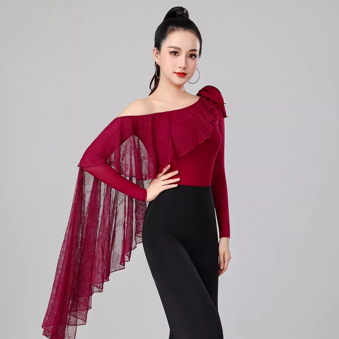 

Блузка для современных танцев, женские топы для латинских танцев, бальные рубашки, кружевной купальник для сальсы, румба, вальс, боди, одежда