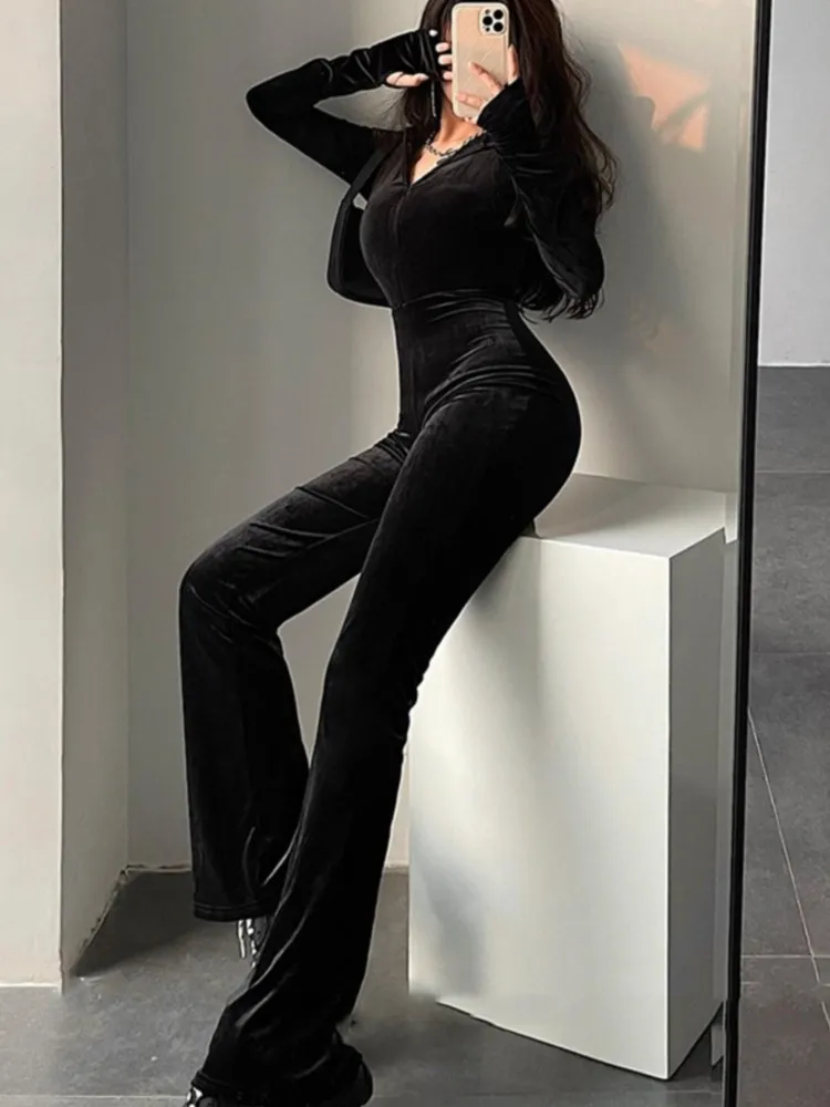 Y2k Sexy Bodycon Black Velvet Jumpsuit Women Fashion Hooded Zipper Flare Pants Rompers Vintage Autumn Streetwear Winter Outfits