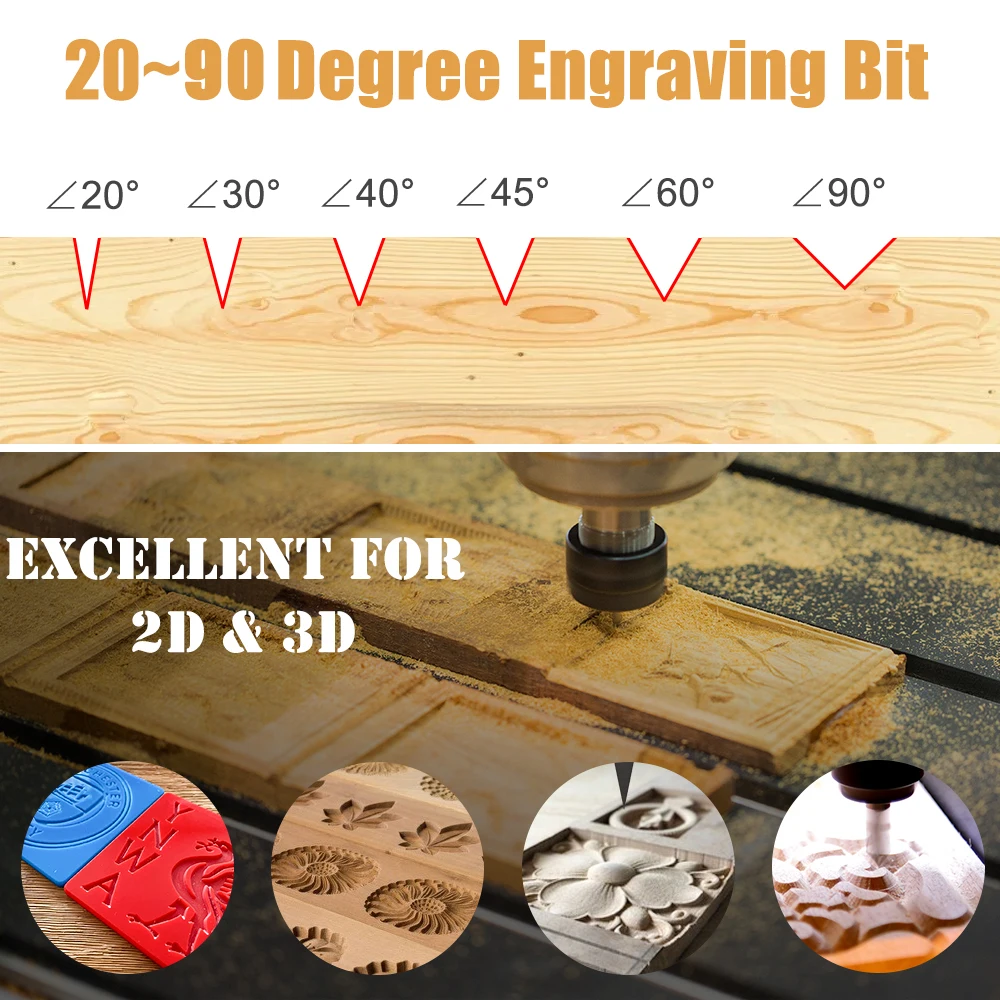 10pcs 3.175mm Shank 3 Edge PCB Engraving Bit Set  20/30/40/45/60/90 Degrees Tip 0.1 0.2 0.3mm Pyramid CNC Router Bit 3D Milling