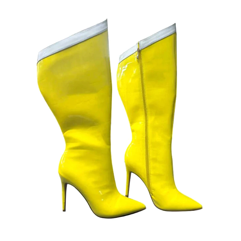 Sexy Yellow Red Contrast Top Knee Boots Pointed Toe Thin High Heel Mixed Leather Knight Boots Woman Performance Festival Botas