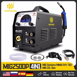 HZXVOGEN MIG250DP Pulse MIG/MAG/TIG/MMA máquina de soldadura semiautomática de aluminio 5 en 1, soldador profesional de Gas/sin gas