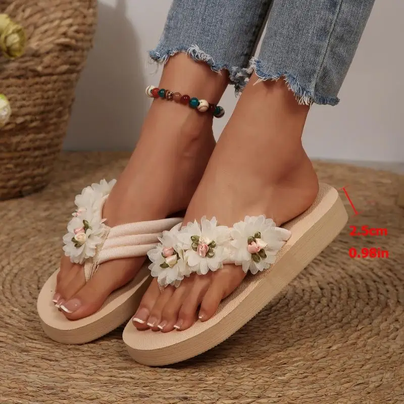 Übergrößen 42 Blumen-Dekor Dicke Sohle Flip-Flops Damen Sommer 2026 Leichte Keilabsatz-Pantoletten Damen Zehensteg-Strandsandalen – Detail 2
