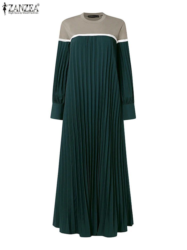 

ZANZEA, осеннее модное женское мусульманское платье с длинным рукавом-фонариком, Абая, хиджаб, лоскутное платье, исламский макси-халат, плиссированный сарафан