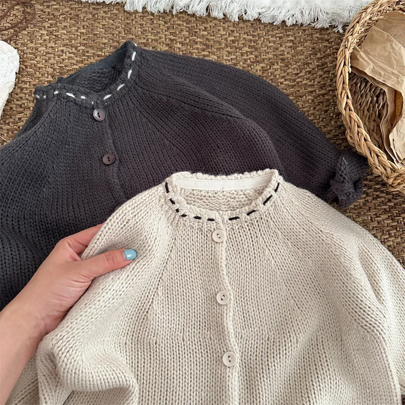 Girls' Coarse Needle Cardigan Long Sleeved Top Autumn New Product Children's Korean Version Solid Color Sweater Jacket