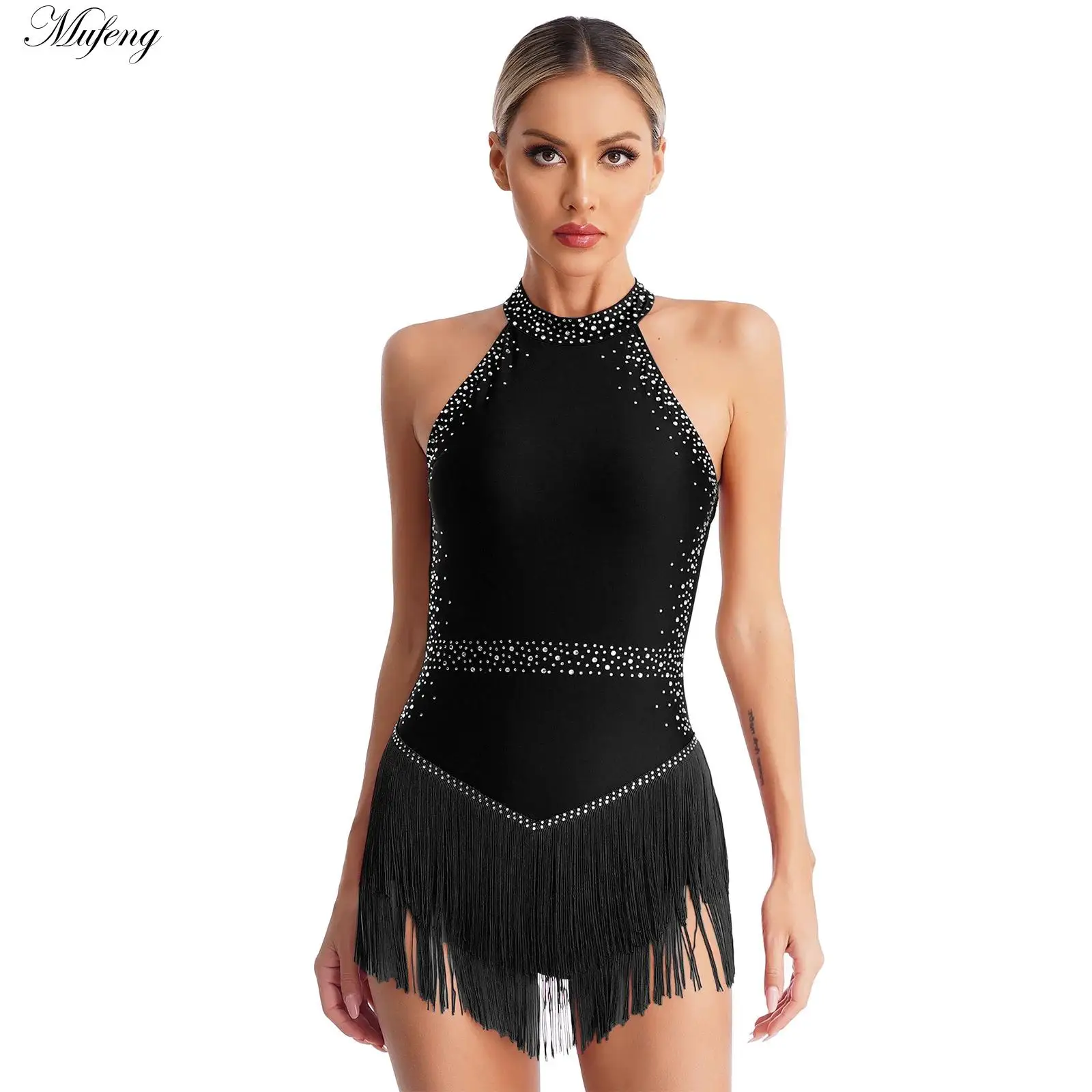 Women Girls Latin Jazz Dance Dress Sleeveless Rhinestone Sequin Tassel Leotard Bodysuit Costume for Cha-cha Samba Performance