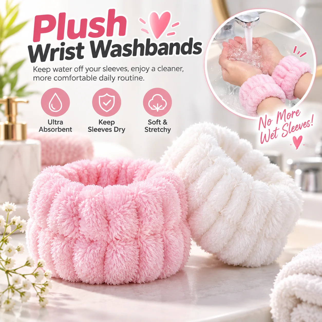 2PCS Plush Wrist Washbands for Face Washing Soft Absorbent Coral Fleece Wrist Cuffs Anti-Drip Sleeve Protectors Skincare Sweatba