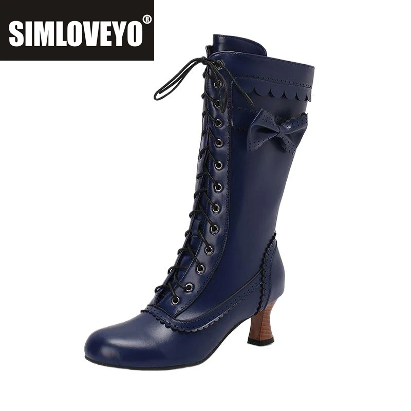 

SIMLOVEYO милые женские высокие сапоги с круглым носком на каблуке со шнуровкой и бантом, размеры 48, 49, 50, модные повседневные ботинки до середины икры