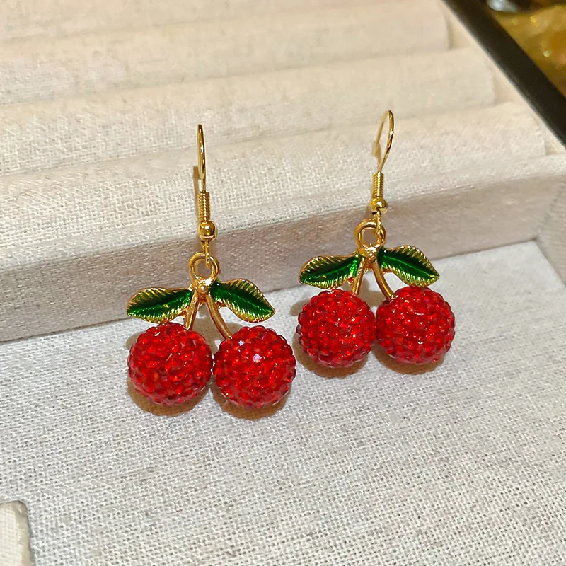 لطيف الكرز الأقراط استرخى للنساء الأحمر حجر الراين كريستال الأقراط الحلو الفاكهة الفتيات القرط الصيف الشاطئ الأزياء والمجوهرات #2