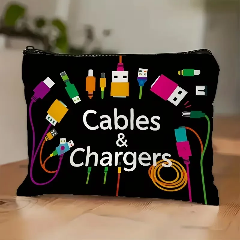 Colorful technology icons cable storage bag, suitable for both men and women as a gift, cable organizing bag