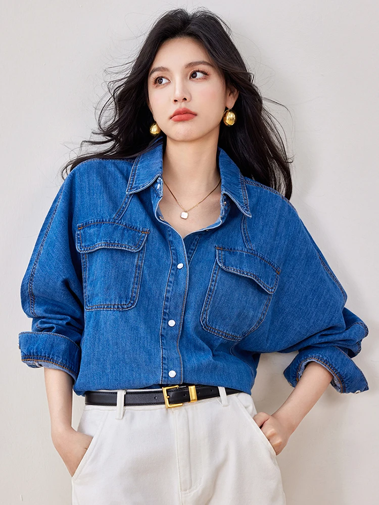 Women Fashion Denim Shirts 2024 Autumn New Harajuku Vintage Jean Blouse Korean Style Long Sleeve Single-breasted Tops