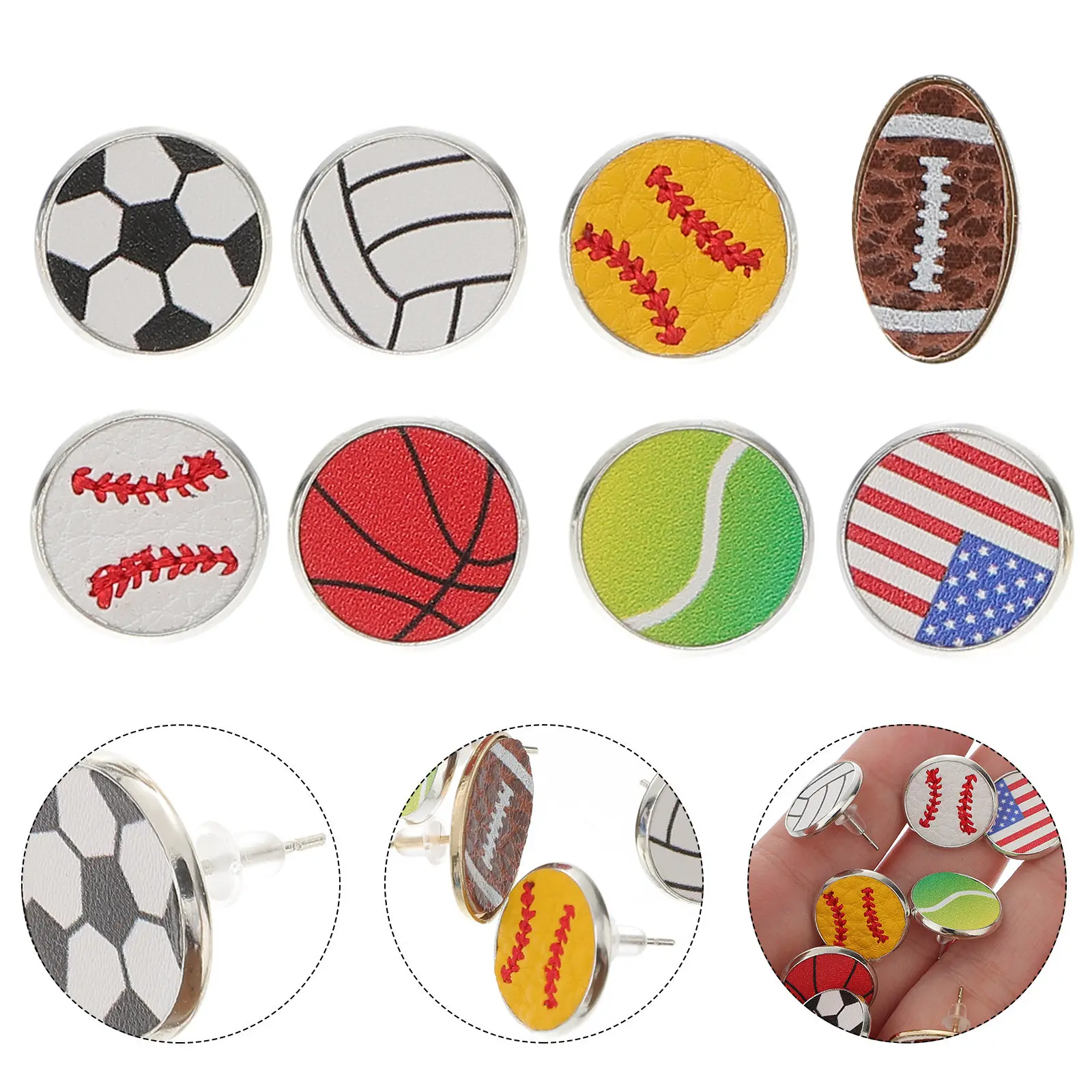 8Pairs Sports Ball Stud Earrings Women Unique Lightweight Baseball Soccer Football Earrings Perfect Gift