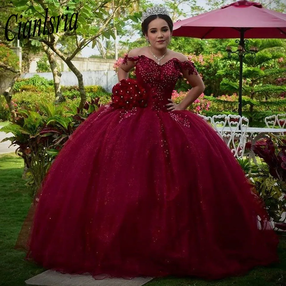 Vestido de quinceañera con hombros descubiertos, traje de baile de cumpleaños, con cordones, brillante, color burdeos, 15 y 16