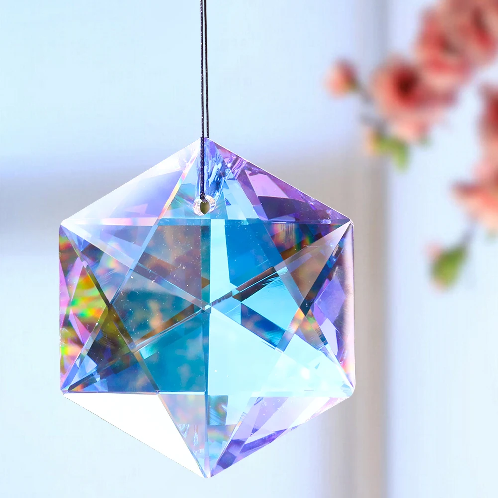 85mm AB Hexagram Crystal Decor Garden Sun Catcher Lighting Pendant Glass Prism Chandelier Crystal Replacement Lamp Part Hanging