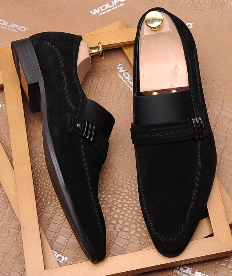 Pointed Toe Cowhide Men's Euro-American Vintage Suede Shoes British Genuine Leather Business Casual Loafers Large Sizes for Dail