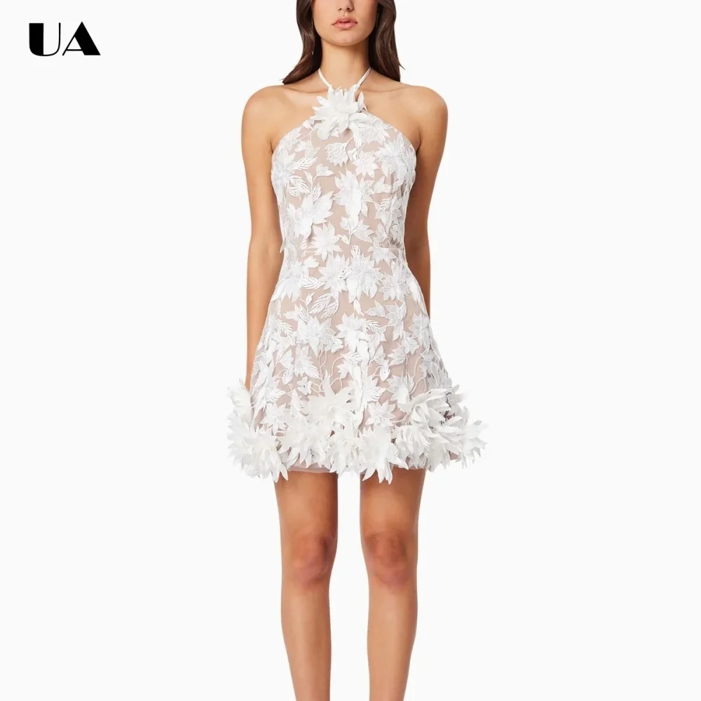 

Summer New Embroidered Halter Mini Prom Dress Trendy Sleeveless Short Dress for Woman Fashionable 3D Flower Cocktail Party Dress