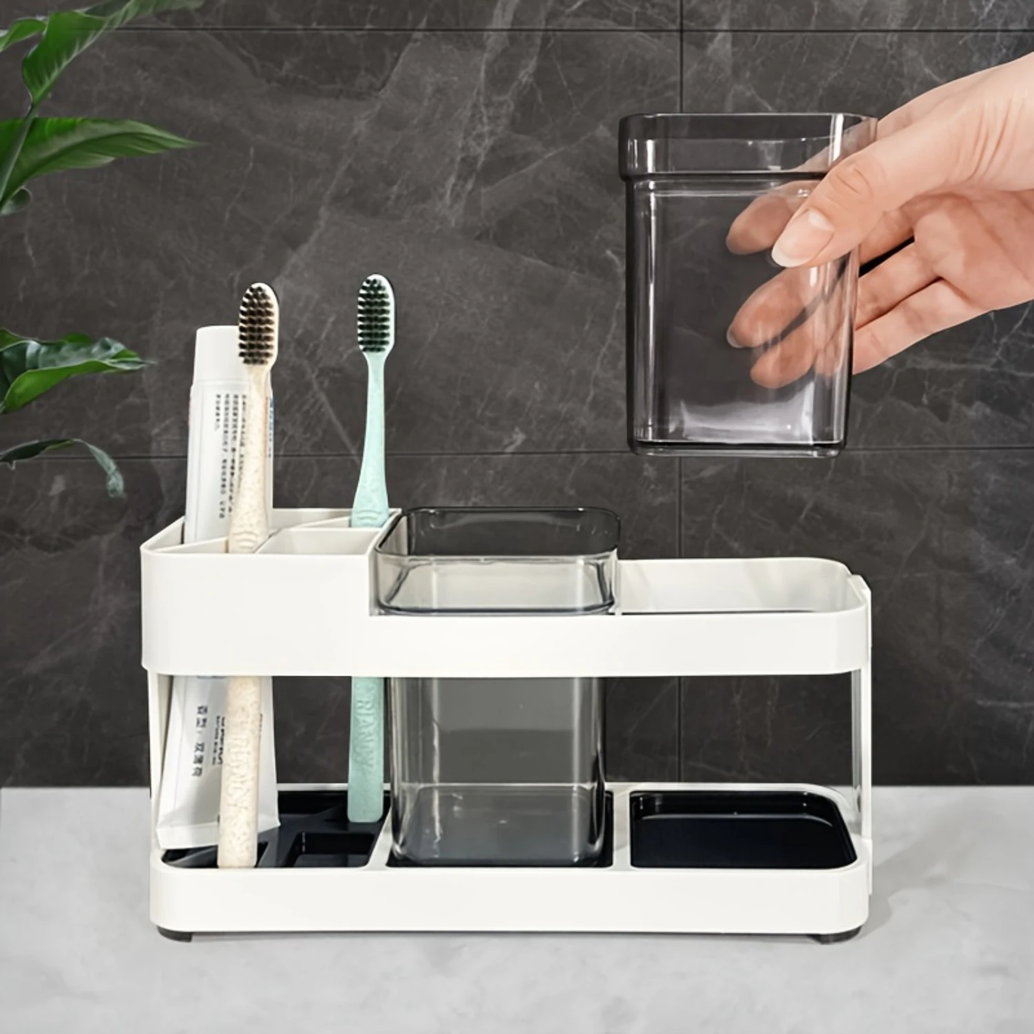 Premium Toothbrush Holder Set - 2-Cup Organizer with Freestanding Base, Multifunctional  for Toothbrushes & Toothpaste, Stylish