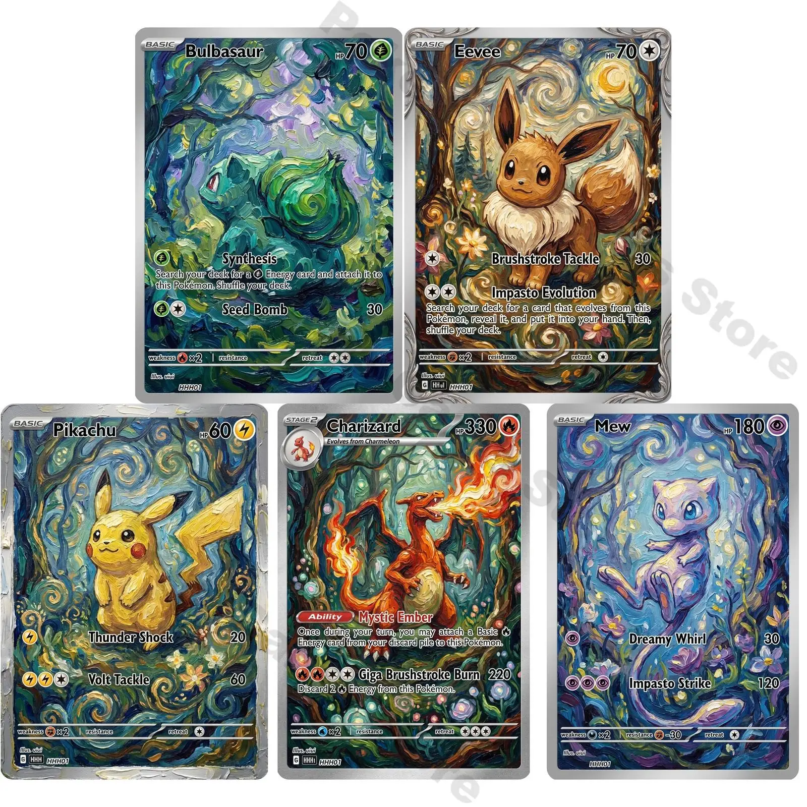 PTCG Cards PTCG Oil Painting Style Custom Trading Bulbasaur Eevee Charizard Mew Collection Cards Rare Cards Set PTCG Gift
